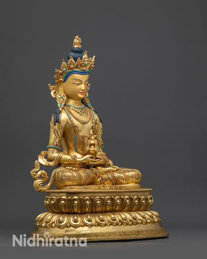 side close up face Amitayus Buddha statue gold-gilded craftsmanship from Nepal
