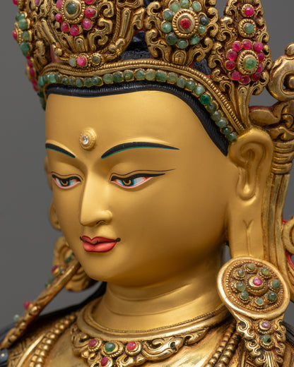 side close up face Manjushri Statue with blazing wisdom sword and carved halo details
