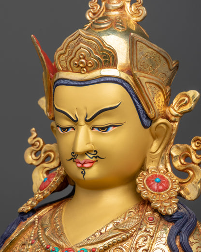 side close up face Padmasambhava Statue showing intricate motif kasaya robe details