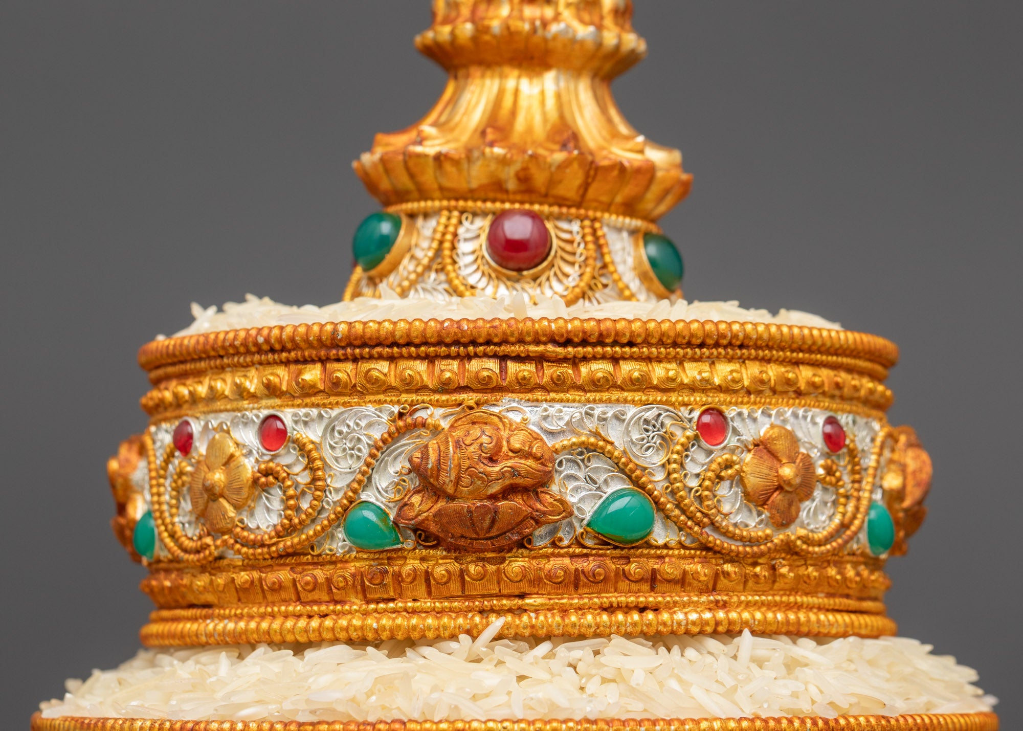 side view 8 inch Tibetan Mandala copper body with silver gold plating and gemstone adornments

