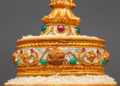 side view 8 inch Tibetan Mandala copper body with silver gold plating and gemstone adornments
