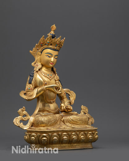 side view Gold-Gilded Vajrasattva Statue showing flowing robe and detailed lower garment