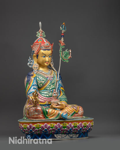 side view Guru Rinpoche Statue seated on double-layered lotus throne with lotus hat