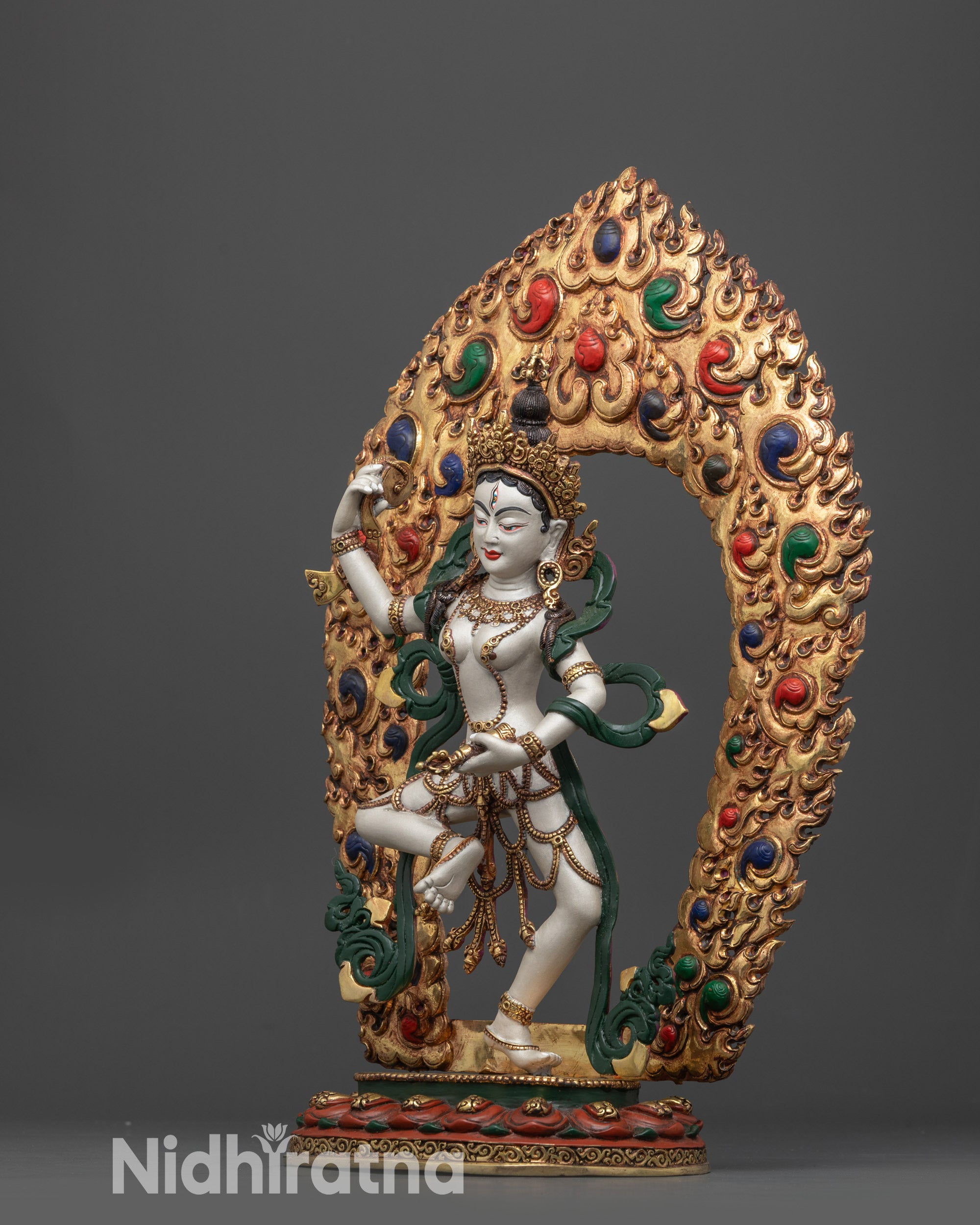 side view Machig Labdron Statue with flowing robes and lotus base details