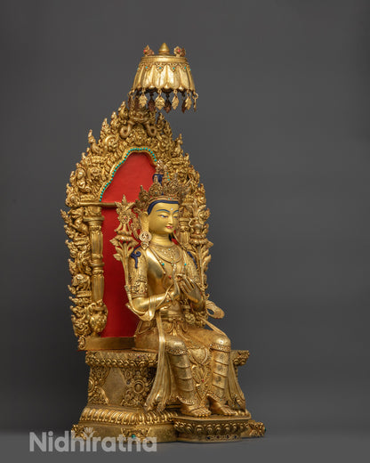 side view Maitreya Buddha Statue with lotus seat throne and flowing robe
