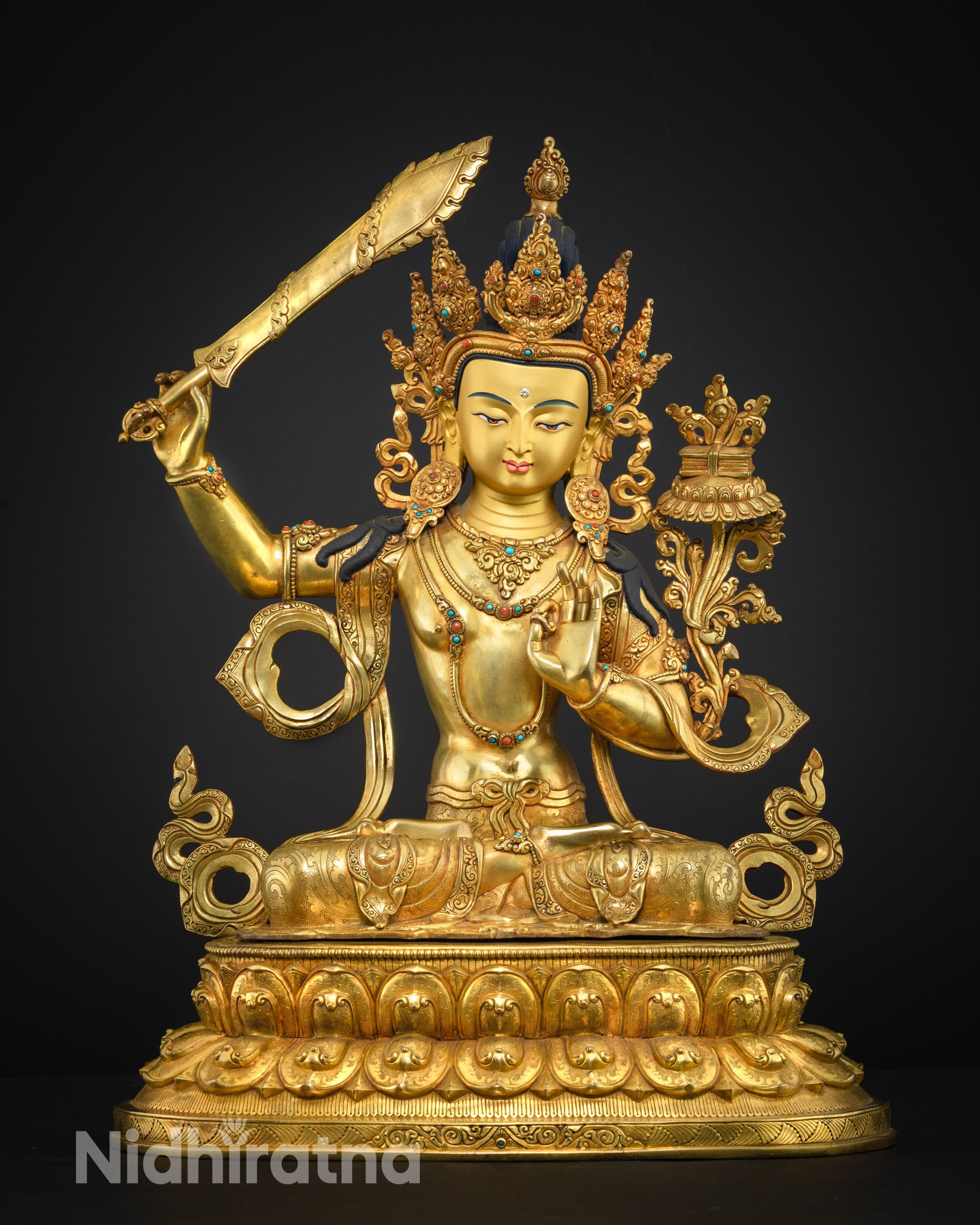 side view Manjushri Buddha statue flowing robes and elegant posture for meditation and altar display