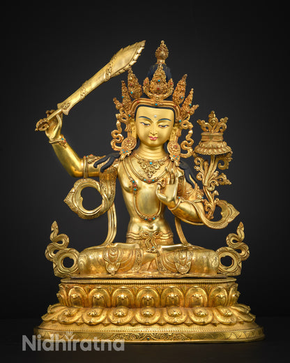 side view Manjushri Buddha statue flowing robes and elegant posture for meditation and altar display
