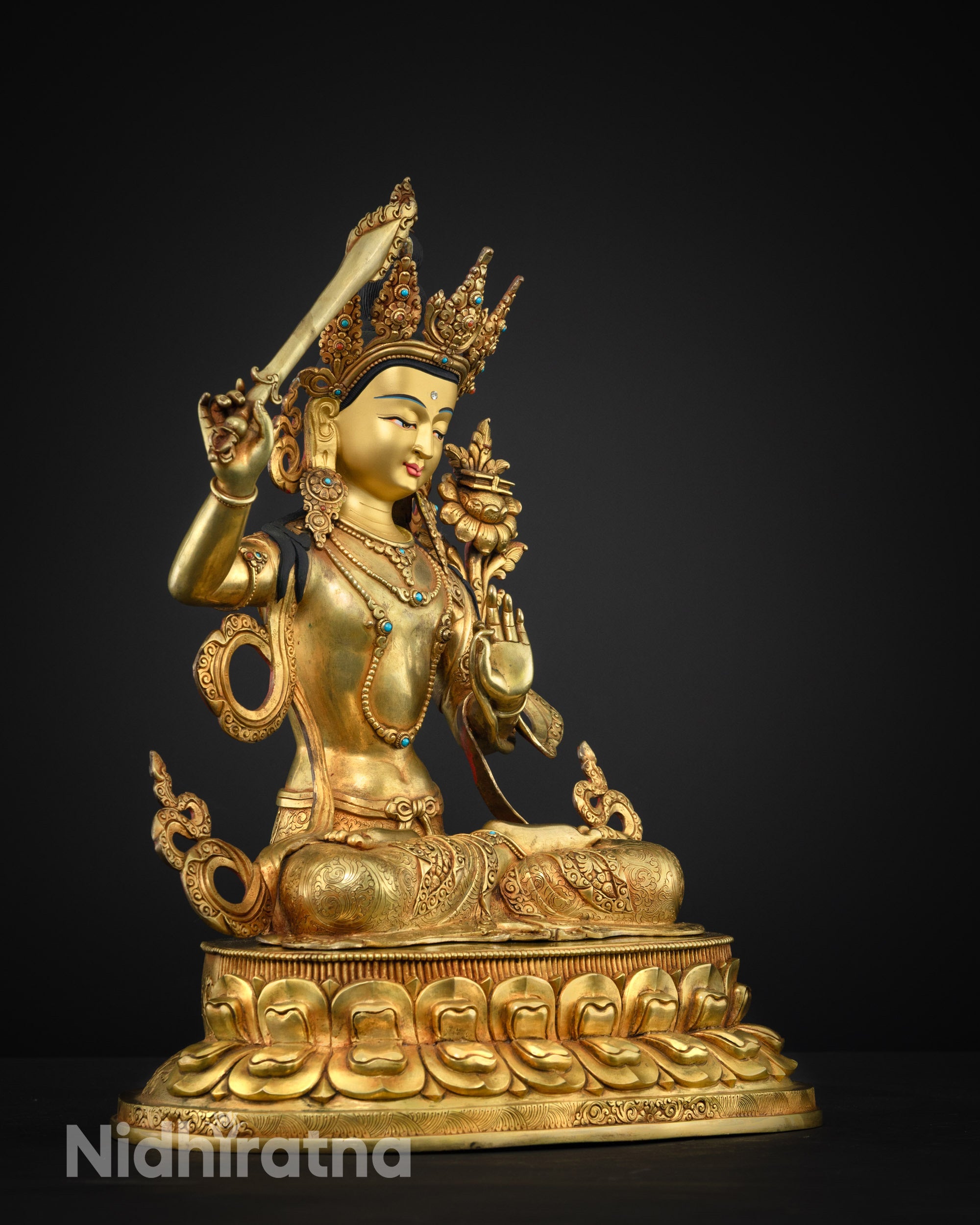 side view Manjushri statue lotus seat and elegant posture for meditation and spiritual spaces