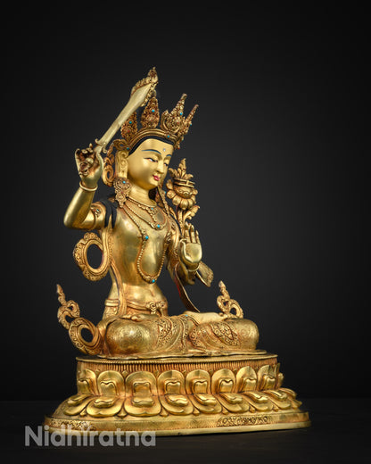 side view Manjushri statue lotus seat and elegant posture for meditation and spiritual spaces