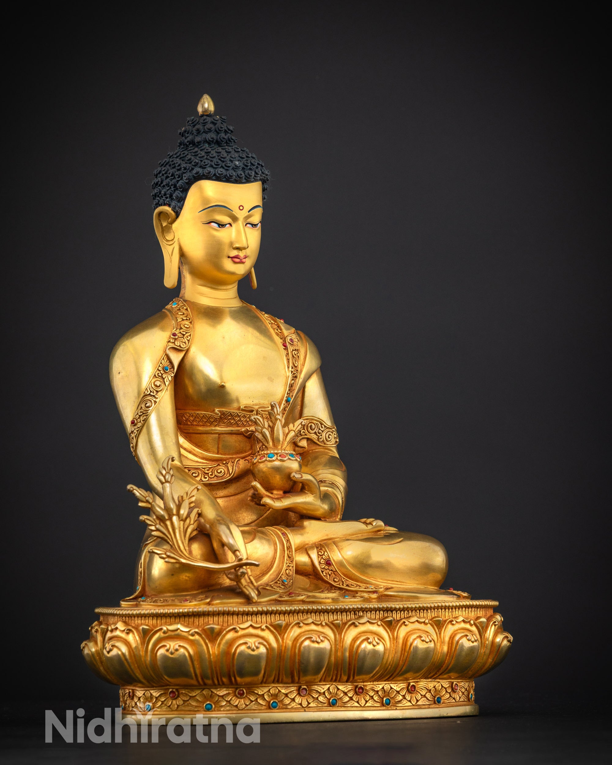 side view Medicine Buddha statue handcrafted copper for meditation spaces and altar display