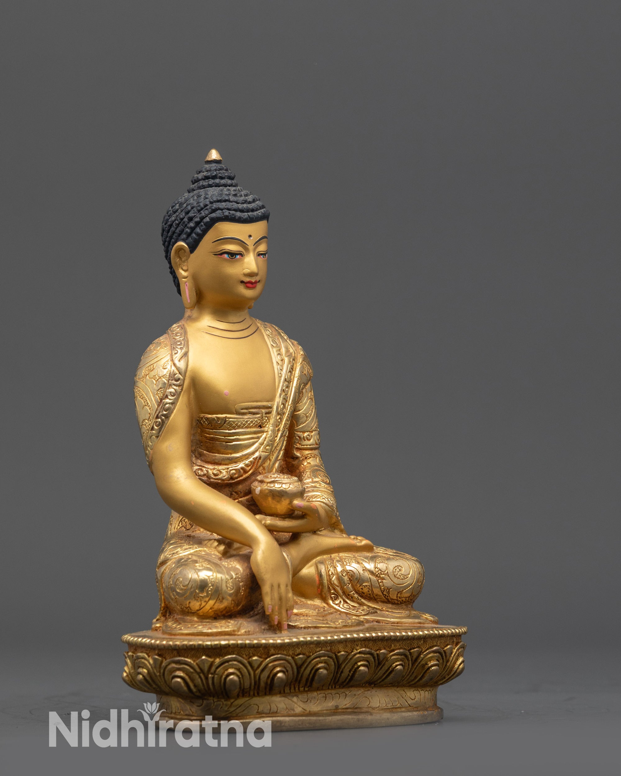 side view Meditating Shakyamuni Buddha Sculpture holding patra bowl in earth-touching mudra
