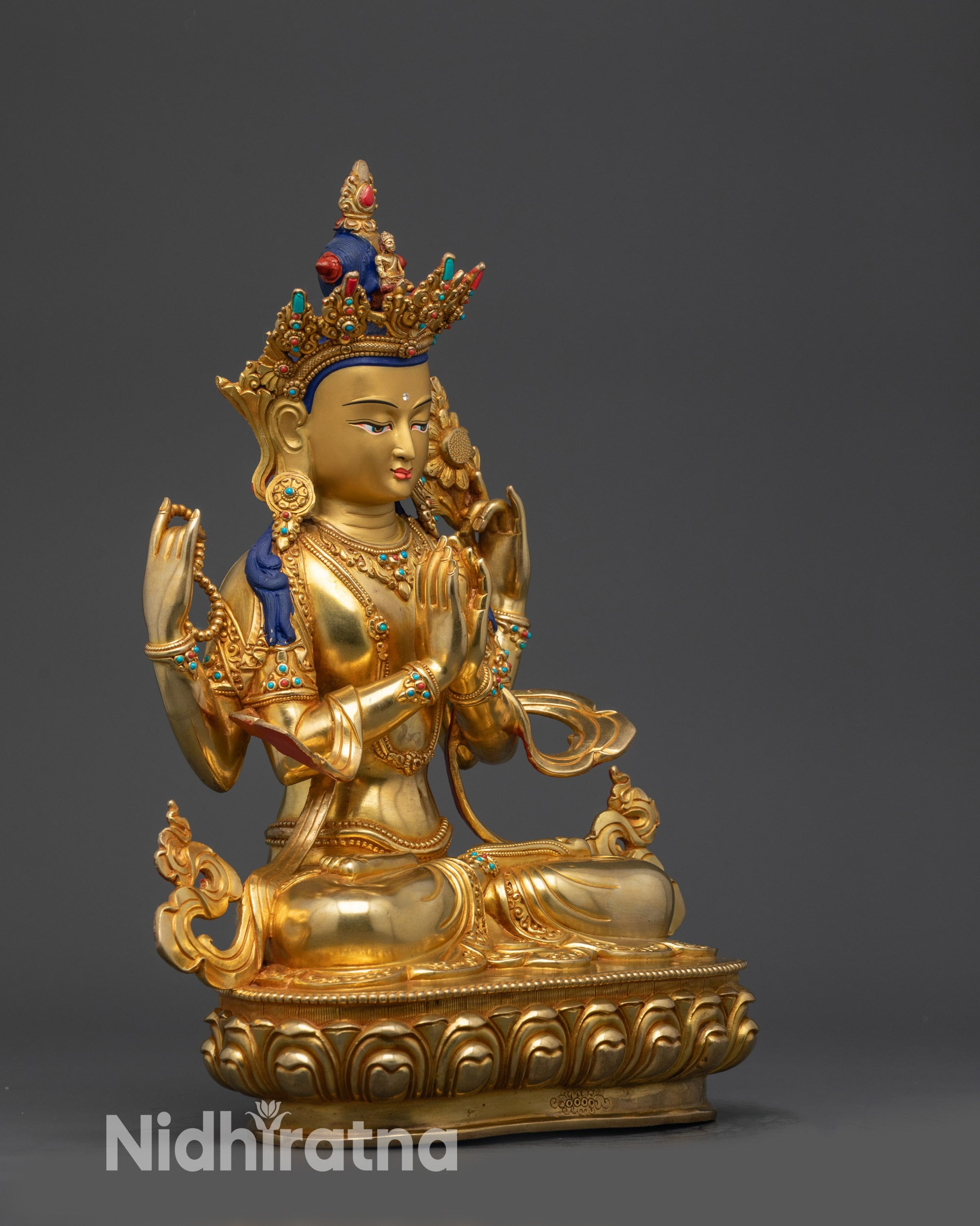 side view Nepalese Avalokiteshvara Chenrezig statue in vajra meditation posture
