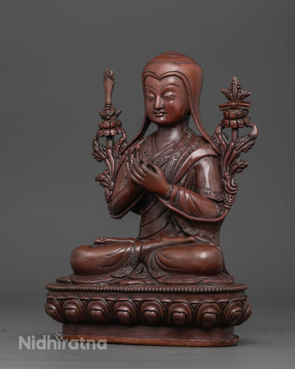 side view Oxidized Tsongkhapa statue elegant posture for meditation or home spiritual decor