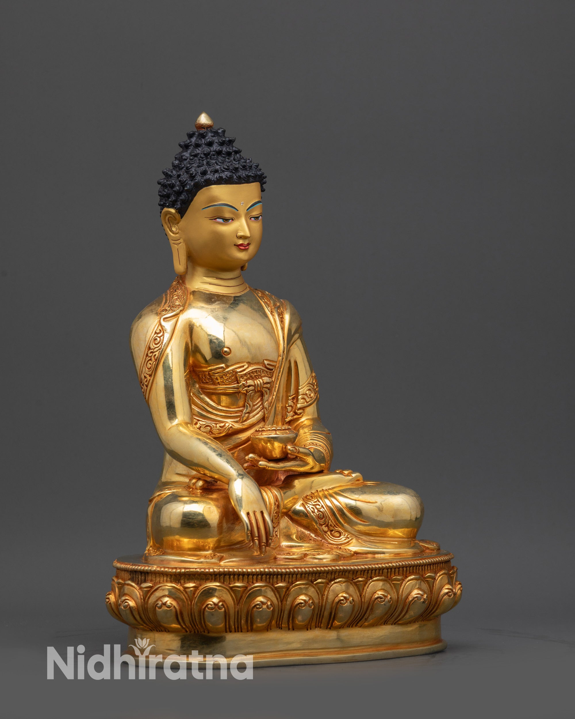 side view Samana Gotama Buddha Statue with detailed robe and patterned garments
