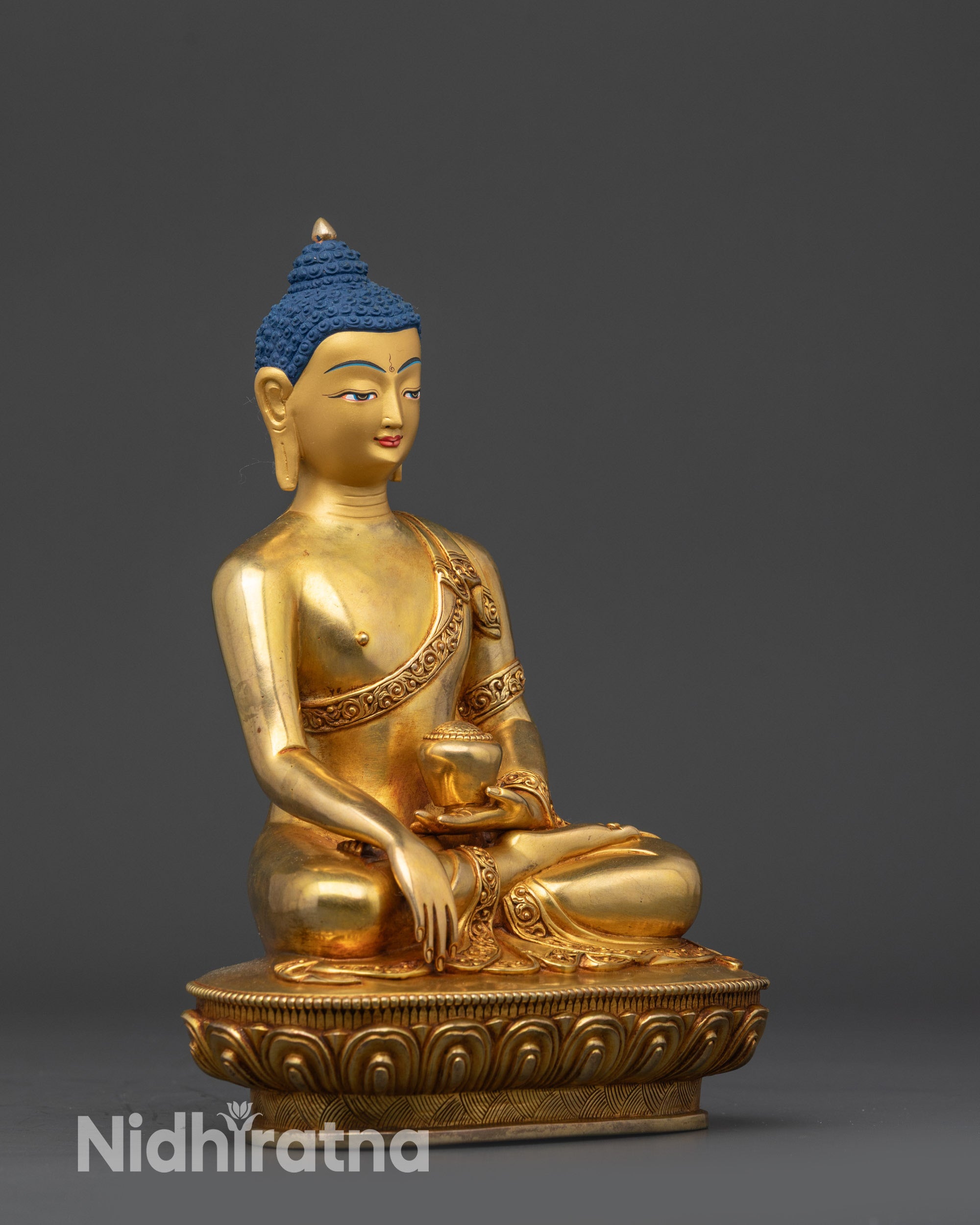 side view Shaka Nyorai statue highlighting detailed monk robe and hand-carved patterns