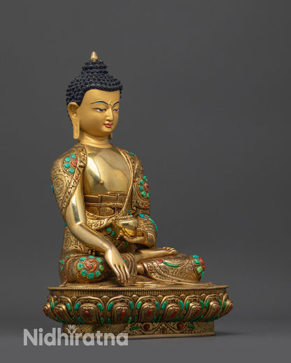 side view Shakyamuni Buddha Statue showing intricate robe folds and lotus seat
