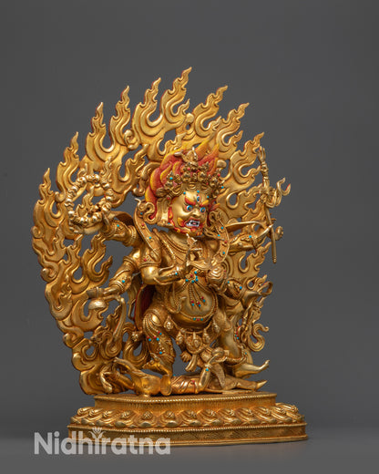 side view Six-Armed Mahakala Statue with tiger-skin robe and skull garland details
