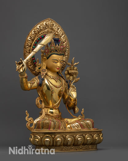 side view Spiritual Manjushri Statue seated on lotus with gold fire-gilded body
