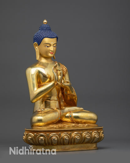 side view Suvarna Bhadra Vimala Buddhist statue seated in Dharmachakra mudra
