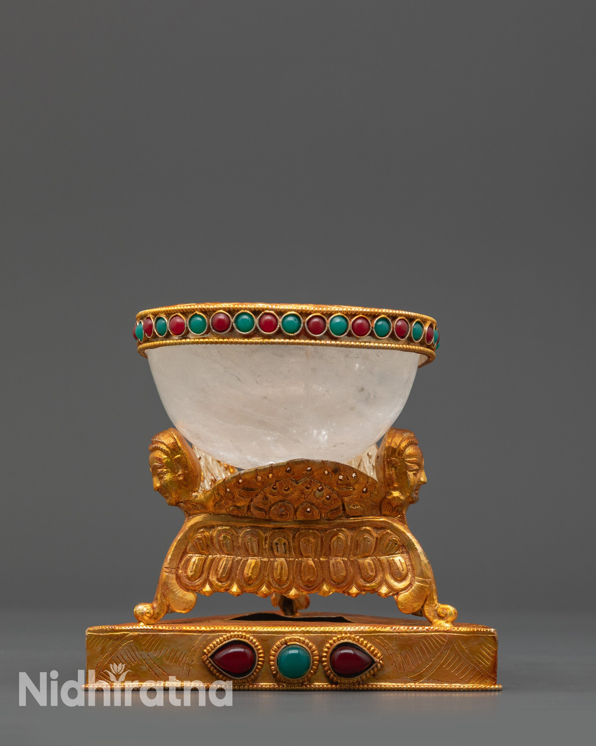 side view Tibetan Crystal Kapala gold-plated ritual offering cup with dual-layered base
