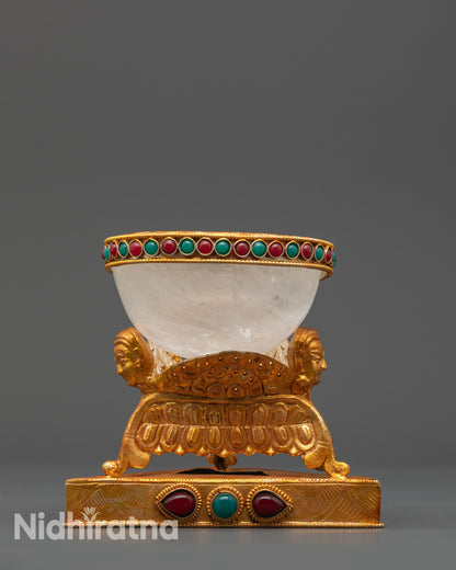 side view Tibetan Crystal Kapala gold-plated ritual offering cup with dual-layered base
