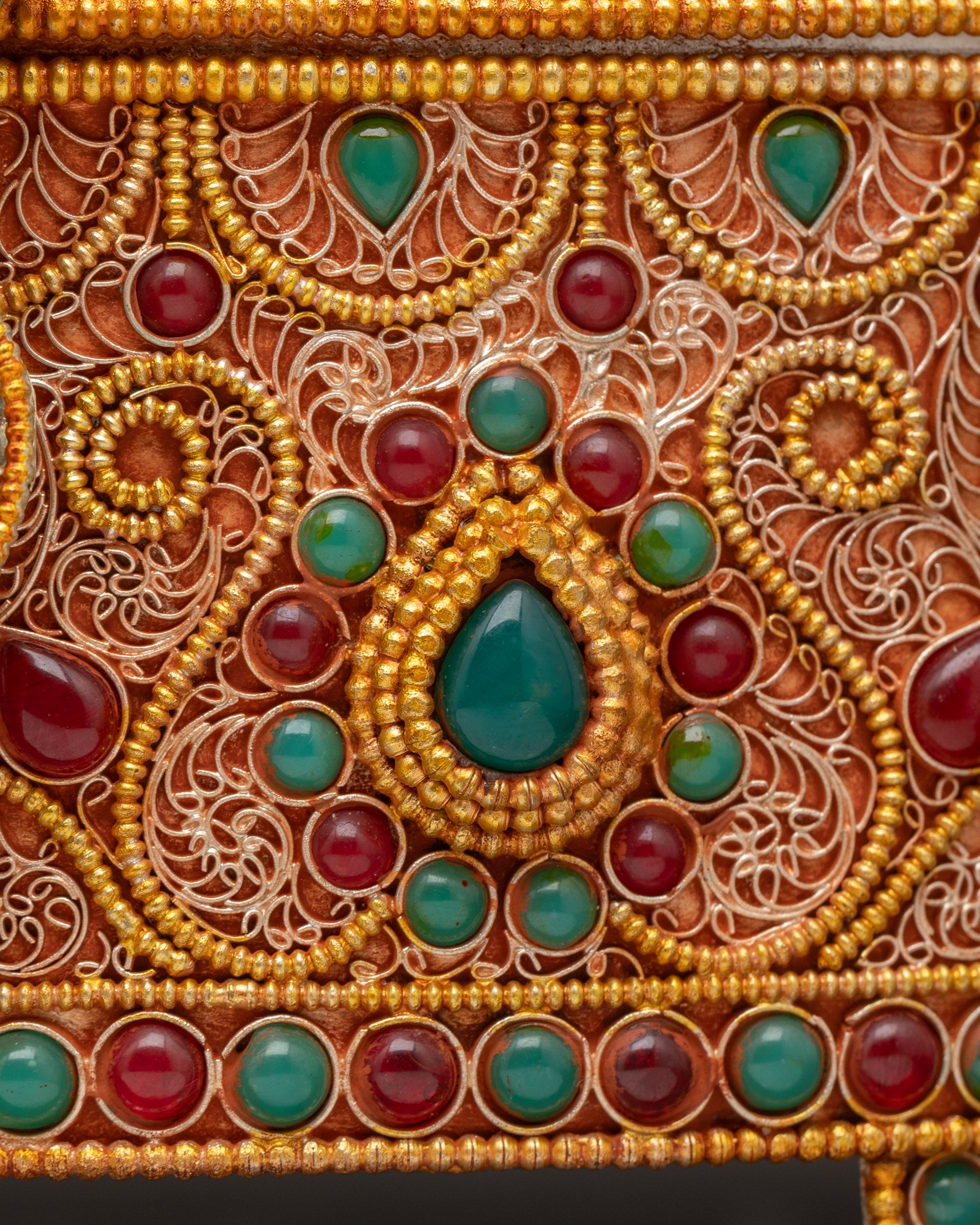 side view Tibetan Treasure Box ritual storage chest with gold and copper detailing
