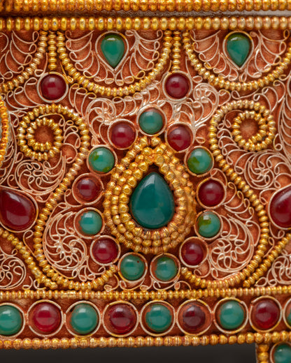 side view Tibetan Treasure Box ritual storage chest with gold and copper detailing
