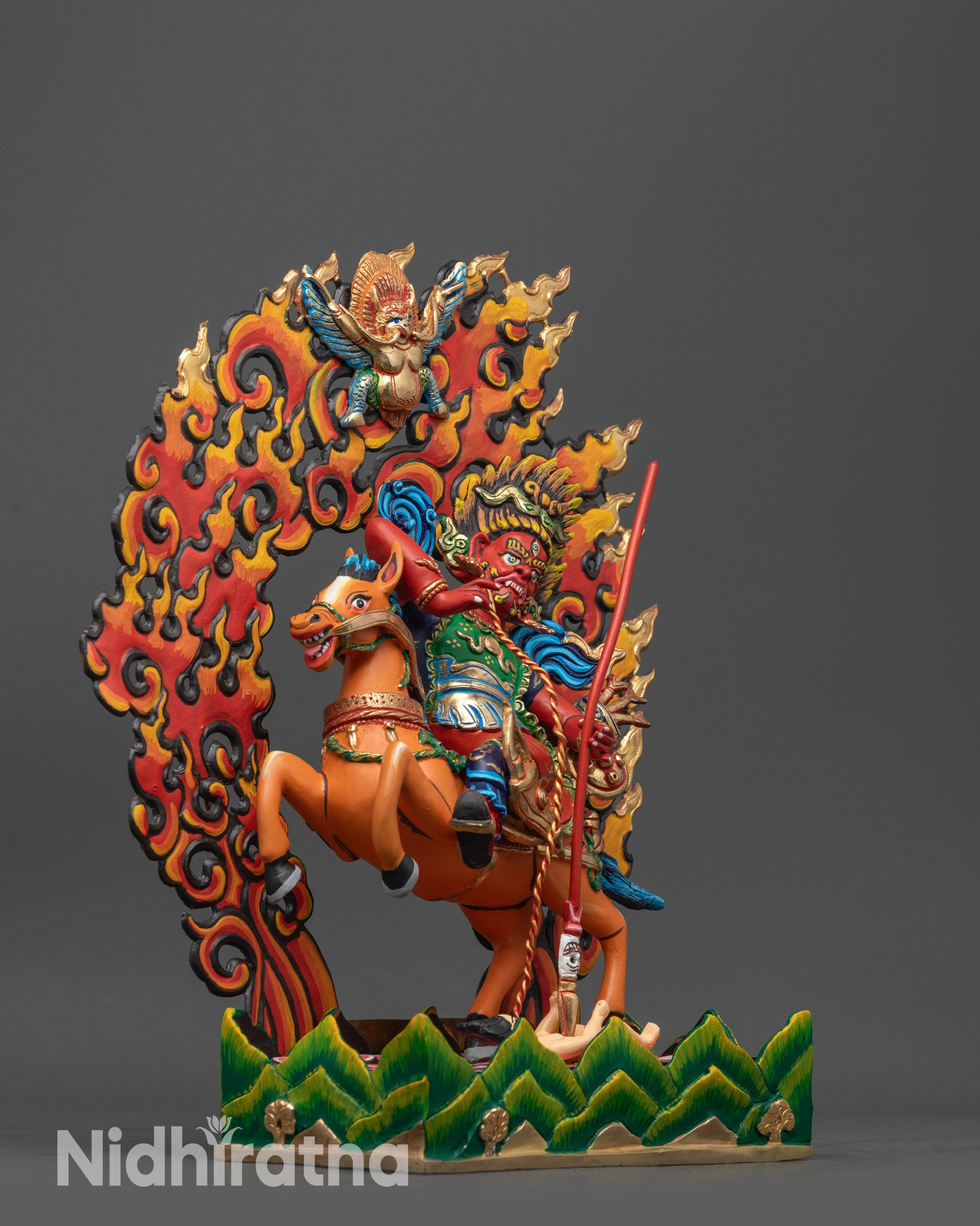side view Tsengo Rolpa Chudan on horse showing detailed garments and warrior pose
