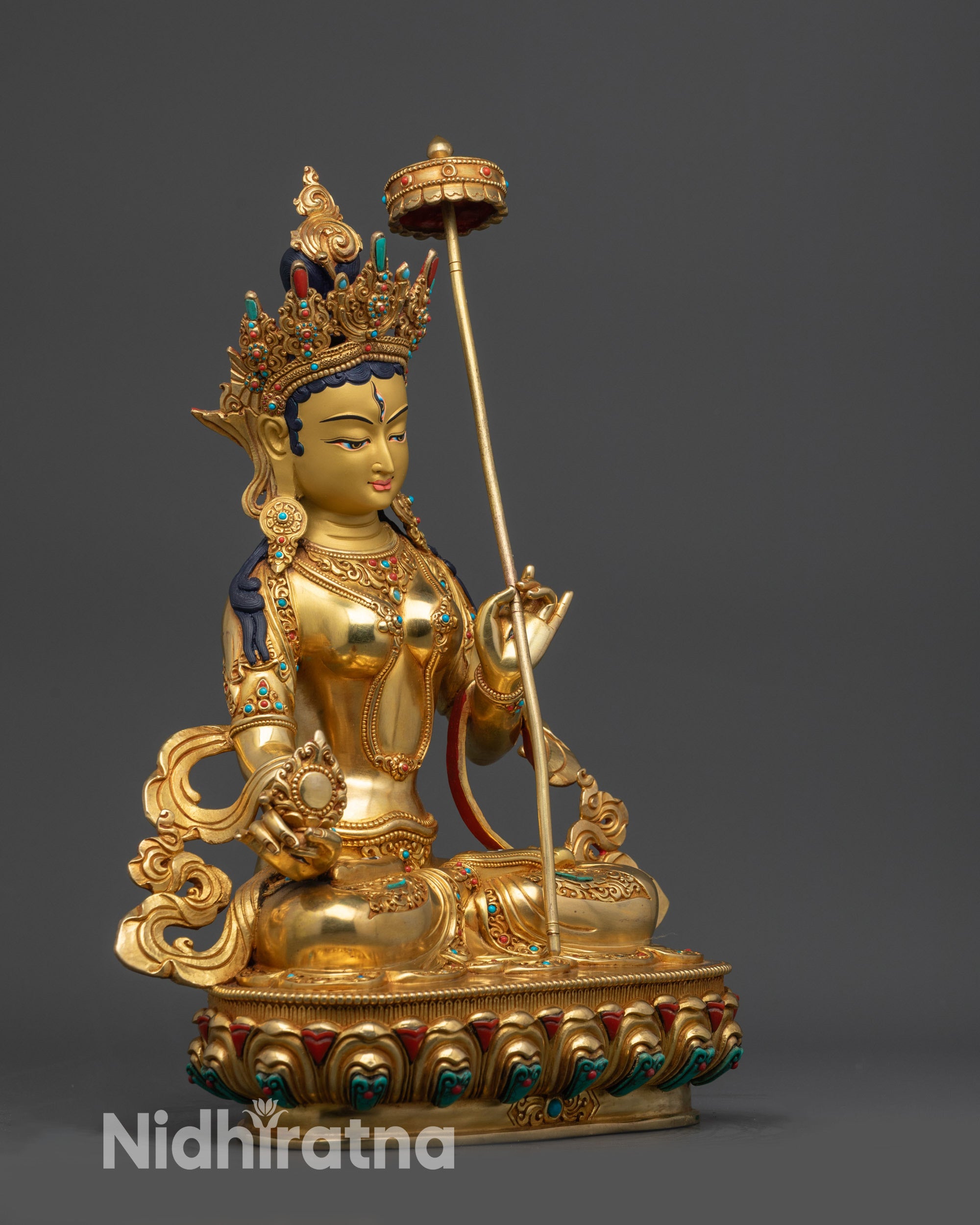 side view Ushnisha Sitatapatra White Parasol Bodhisattva on fire gilded copper base