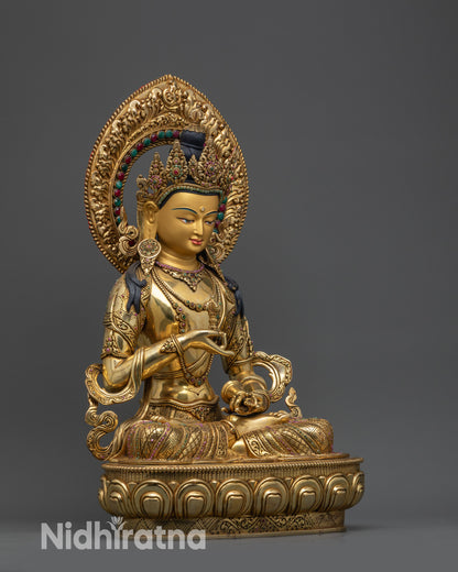 side view Vajrasattva Dorje Sempa statue on lotus seat with ornate crown and robe
