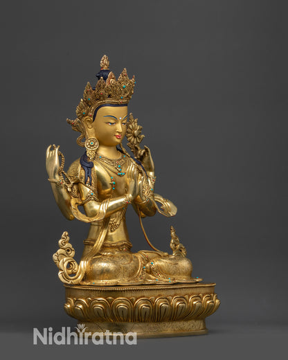 side view four-armed Avalokiteshvara holding lotus, mala, blessing gesture, nectar vase
