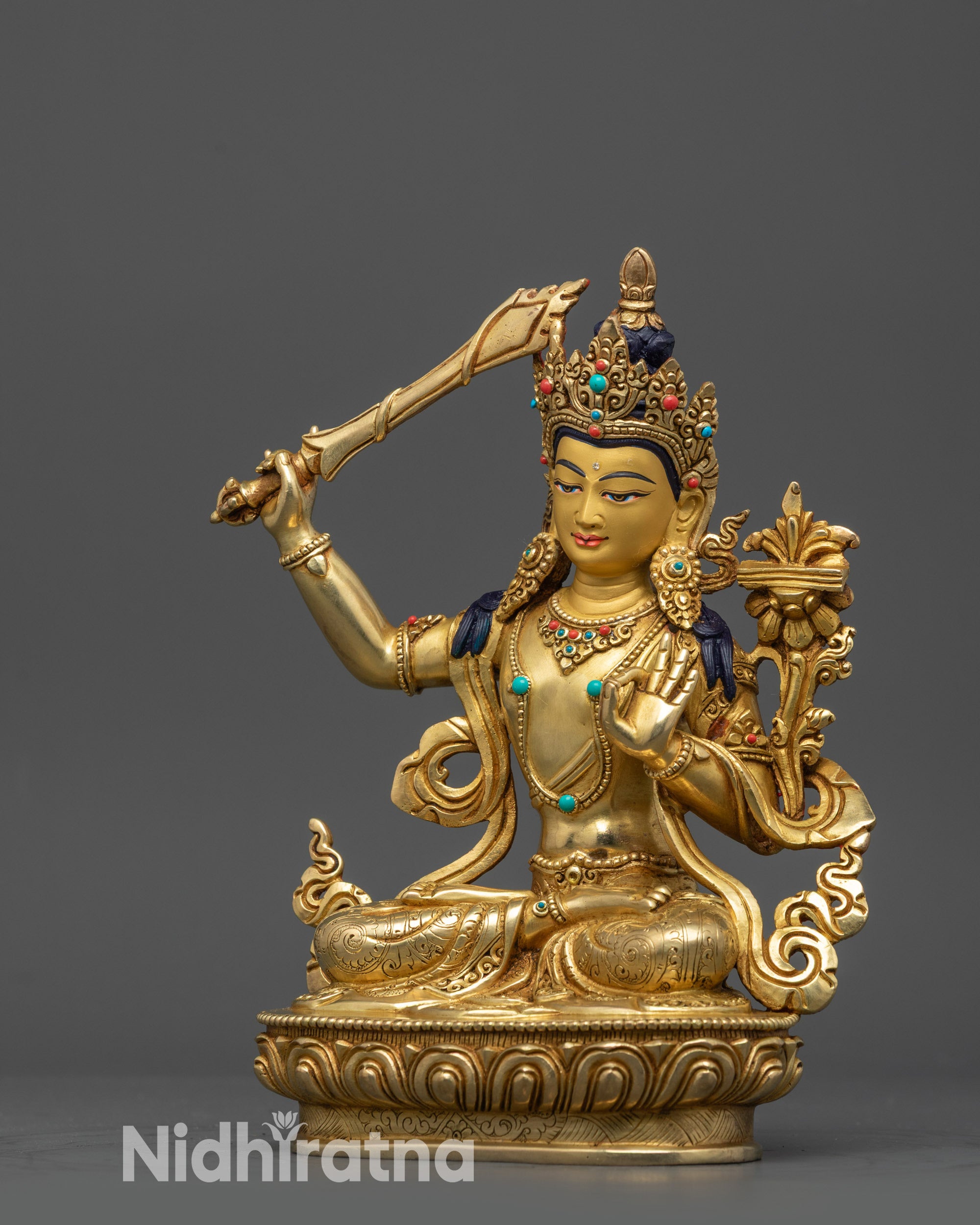 side view handcrafted Manjushri Statue with flowing robe and intricate carvings