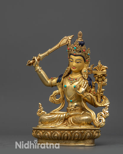 side view handcrafted Manjushri Statue with flowing robe and intricate carvings
