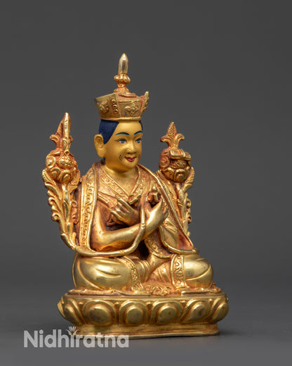 side view handmade Guru Karmapa statue with monk’s robe, lotus seat and utpala flowers