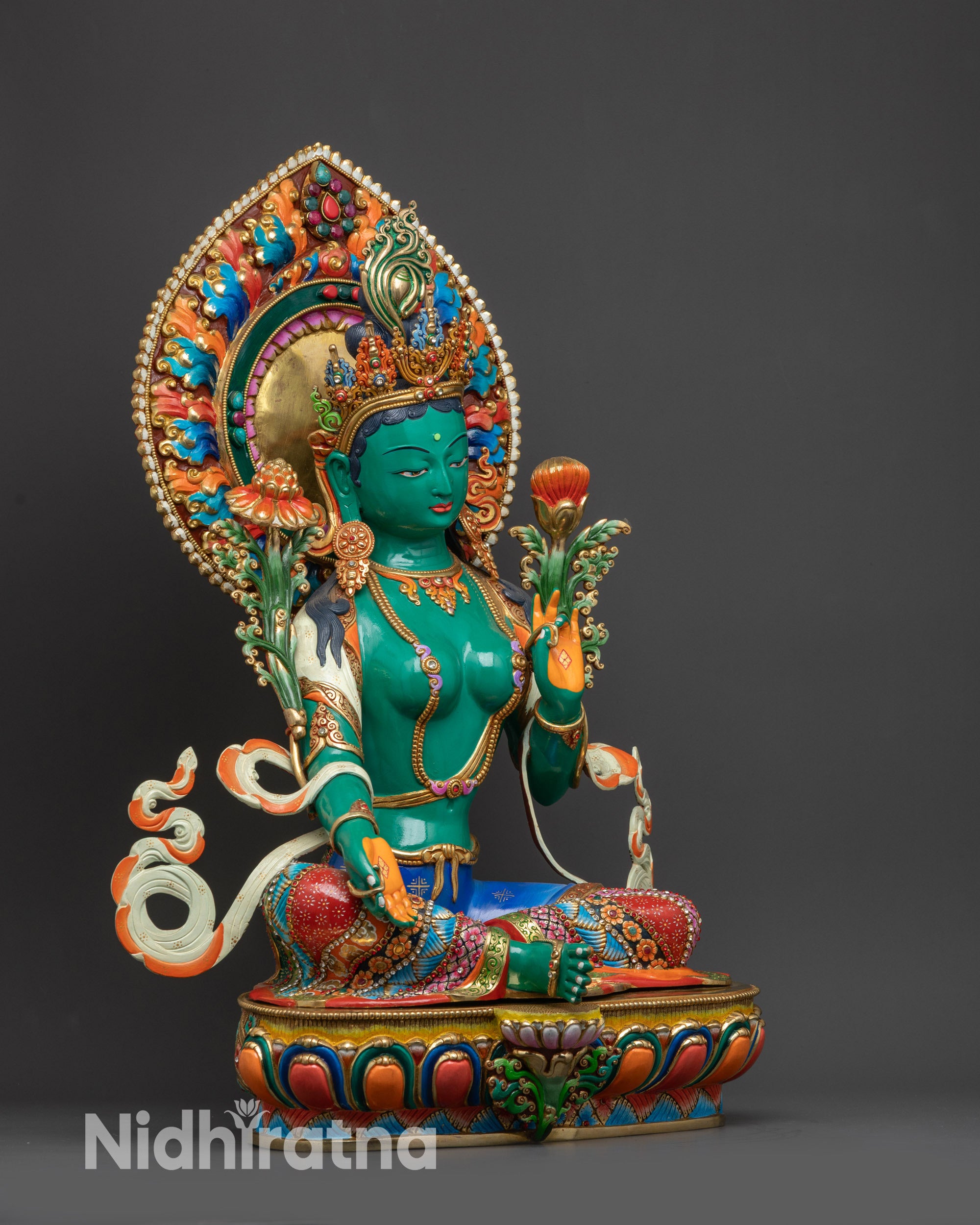 side view of 22 inch Mother Green Tara Statue on gold plated double lotus altar base