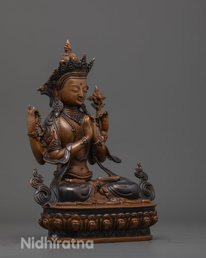 side view of Buddhist Lokeshvara statue showing carved lower garments and arm gestures