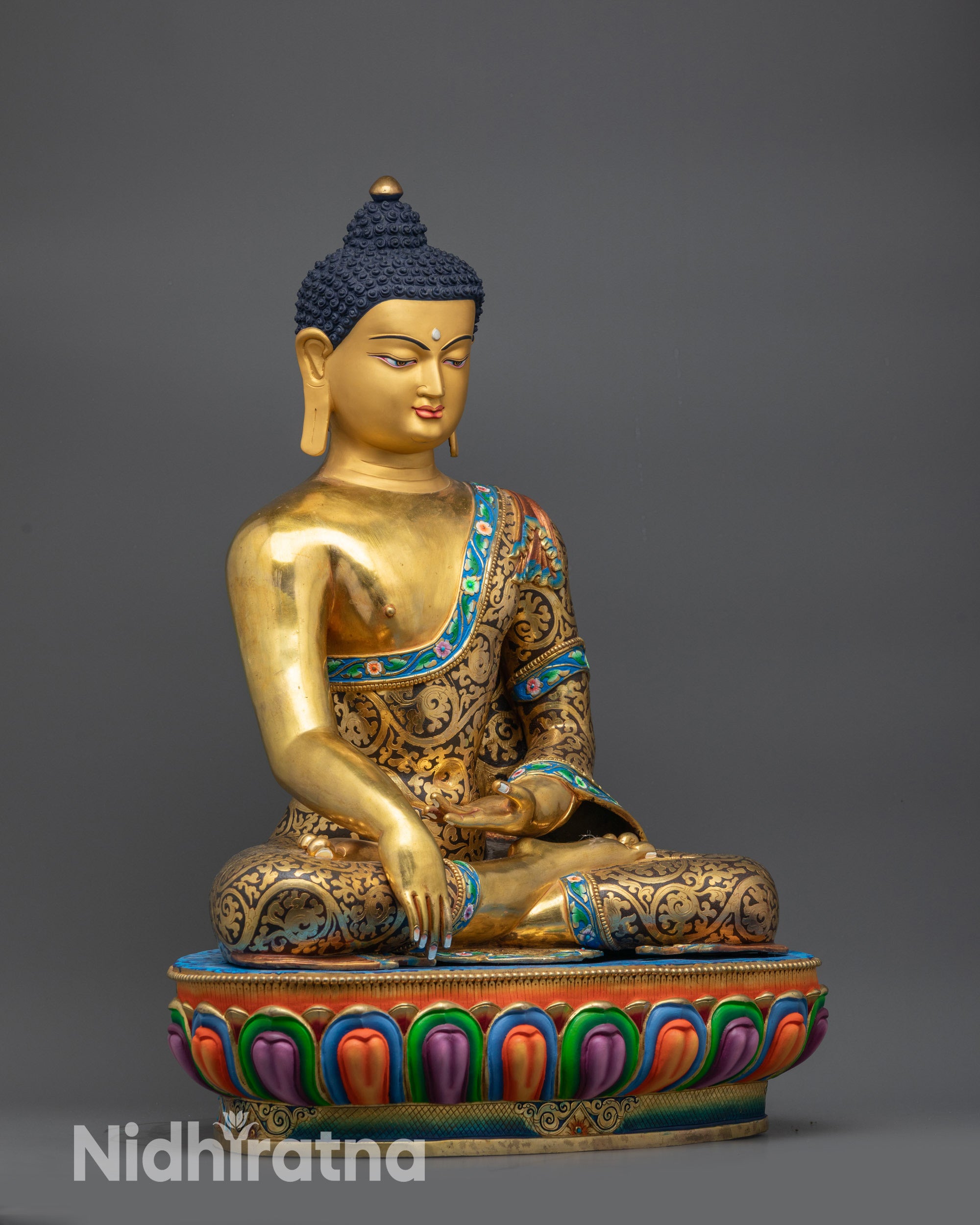 side view of Meditating Shakyamuni Buddha Statue on multi-colored lotus seat