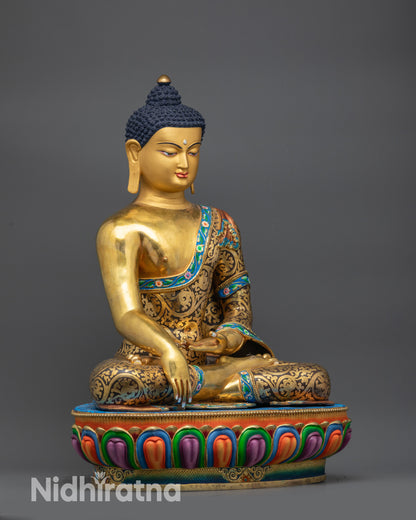 side view of Meditating Shakyamuni Buddha Statue on multi-colored lotus seat