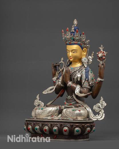 side view oxidized Chenrezig Avalokiteshvara statue seated in padmasana on lotus pedestal