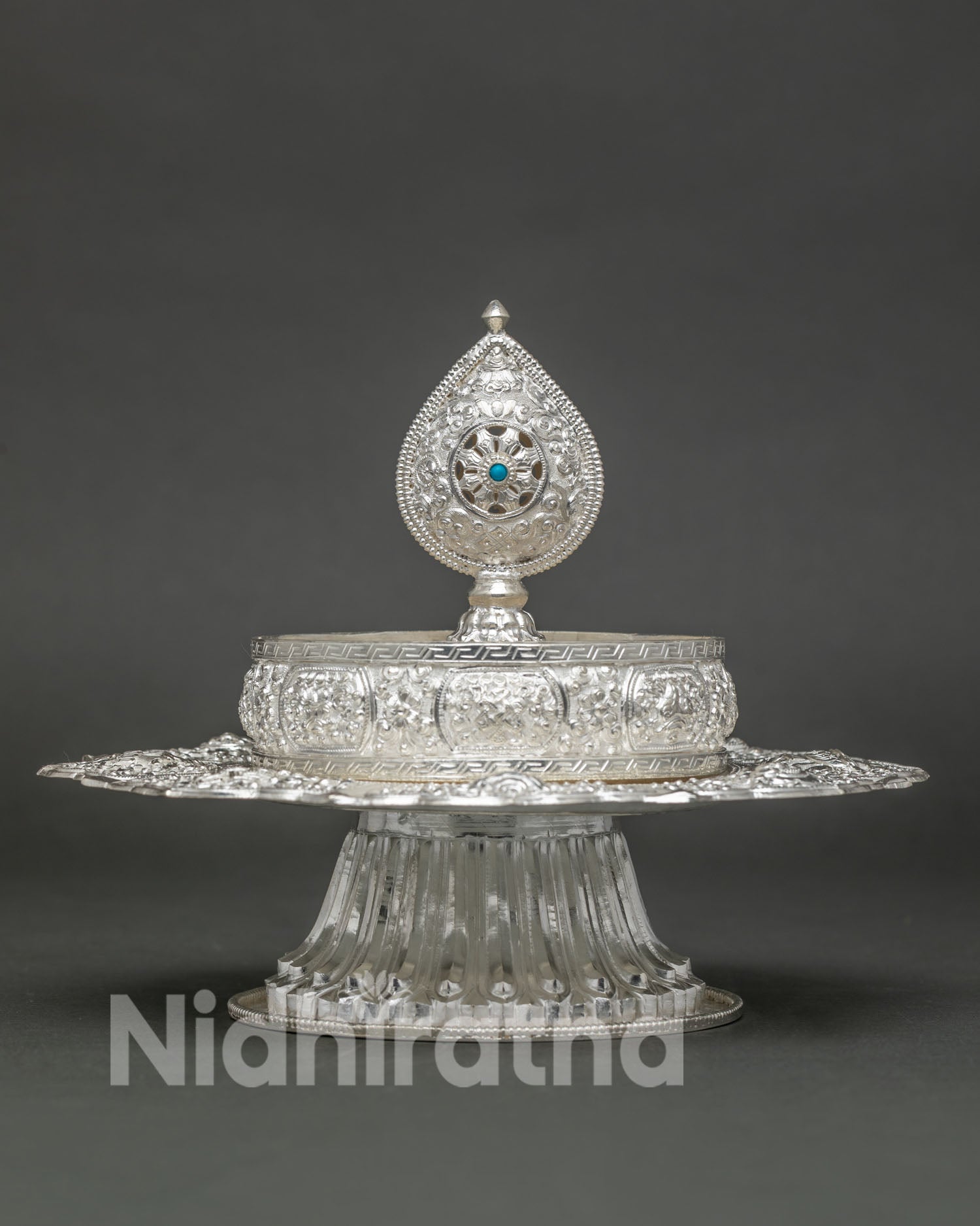Silver Buddhist Mandala Offering Set – Norbu Wish-Fulfilling Jewel Finial with Turquoise Stone