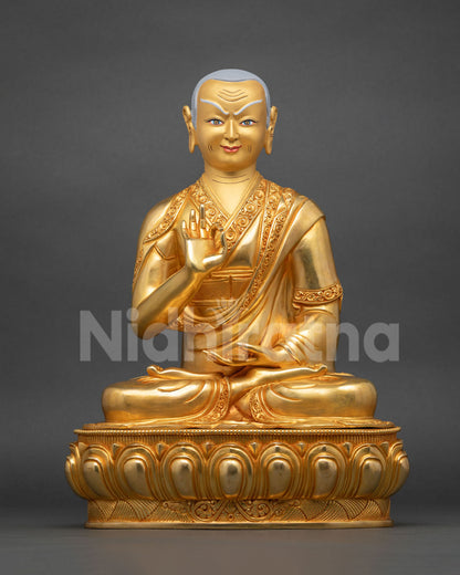 Silver-haired disciple with a gentle smile, one hand raised in teaching gesture, seated on lotus pedestal