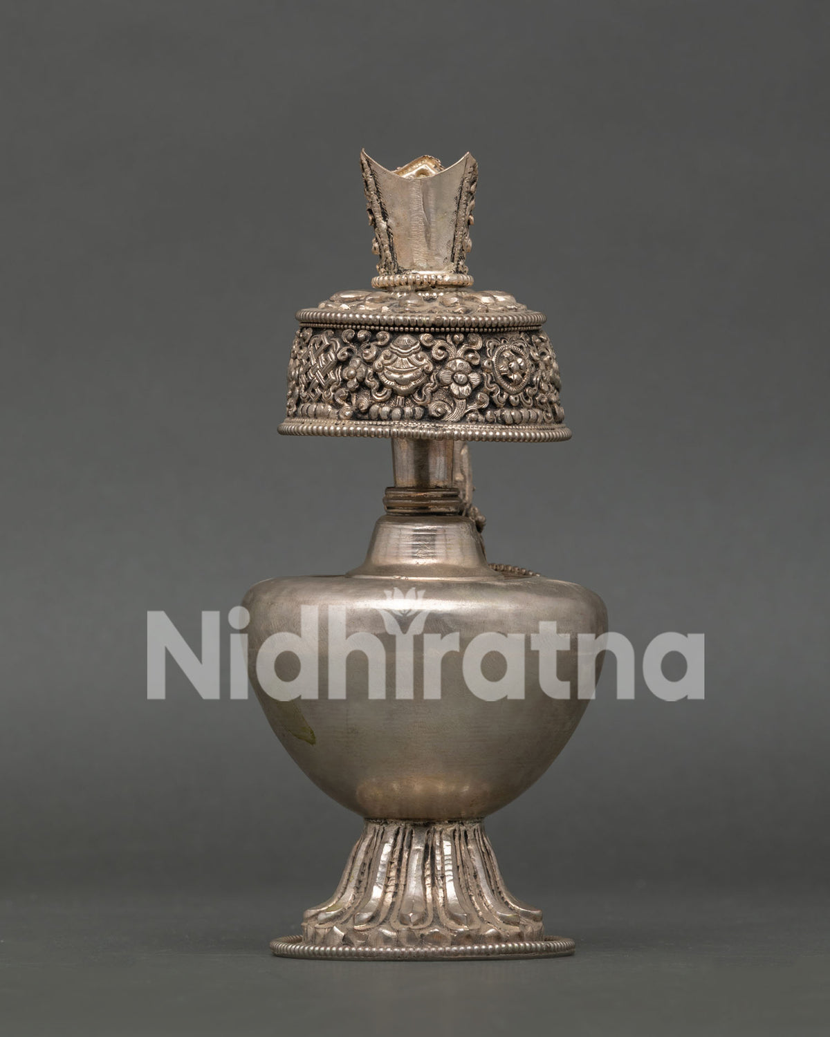 Silver plated copper Bumba with coral stone for Tibetan Buddhist rituals and altars