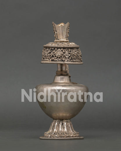 Silver plated copper Bumba with coral stone for Tibetan Buddhist rituals and altars