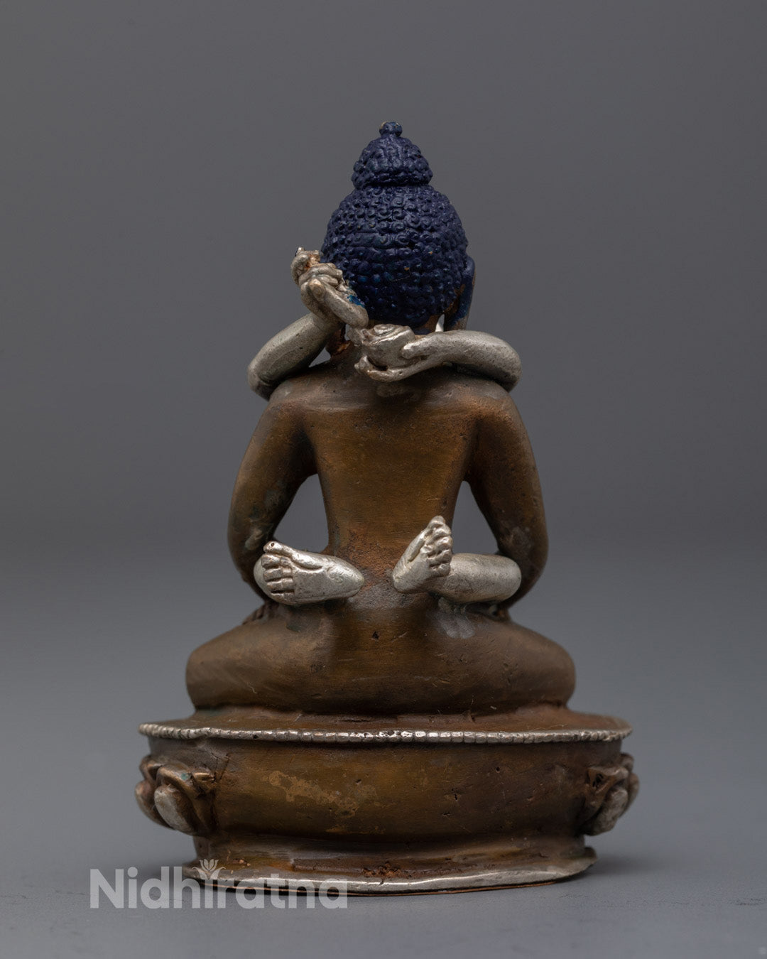 silver-plated Samantabhadri and oxidized copper Samantabhadra seated together on lotus throne, crafted using electroplating technique