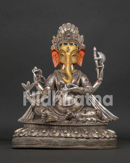 Silver-plated Ganesh statue from Nepal front view with lotus throne and Mushika vehicle