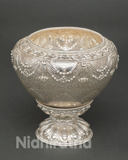 Silver Rice Offering Pot with Intricate Hand-Carved Himalayan Details