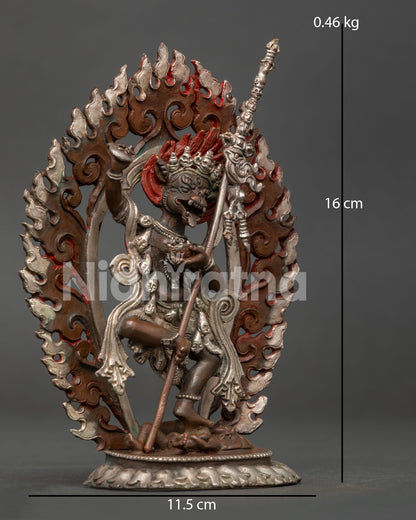 Simha Mukha standing on subdued figure with lotus pedestal and blazing halo.