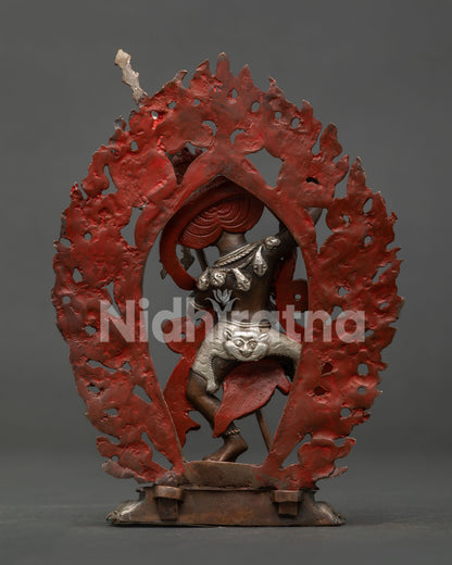 Simha Mukha statue with oxidized silver plated copper finish.