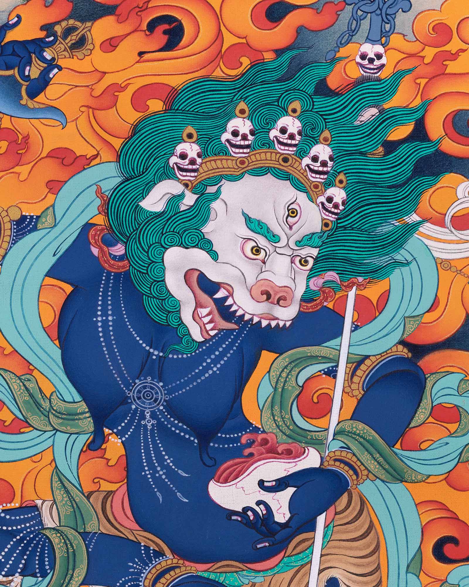 Simhamukha Dakini with Wrathful Blue Form and Roaring Snow Lion Head Close-Up