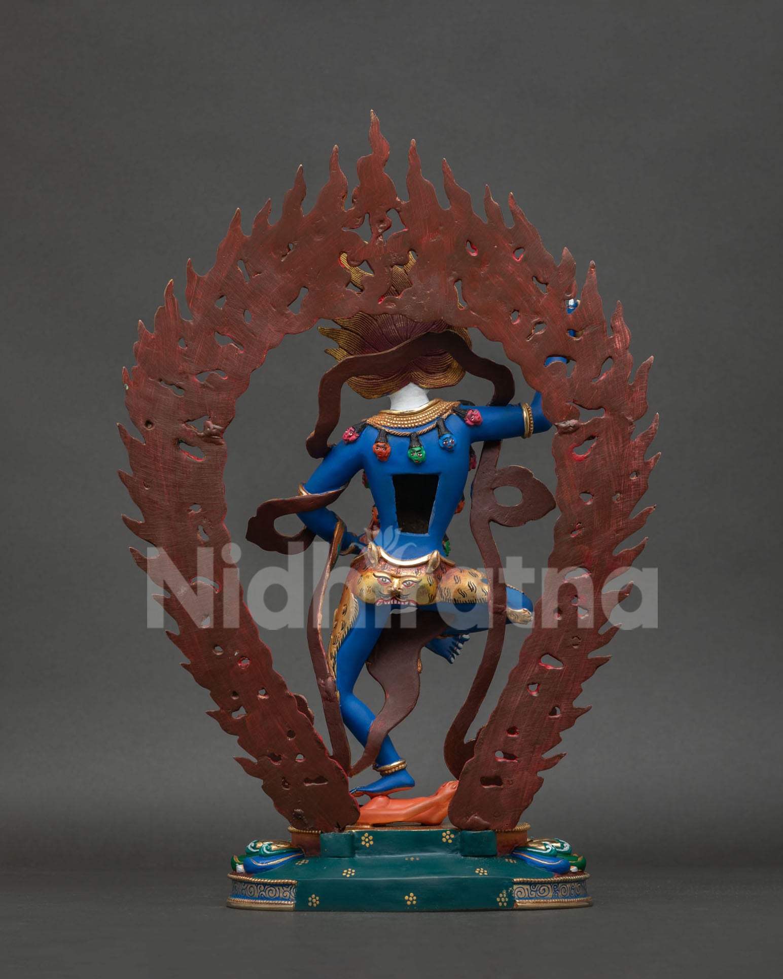Simhamukha Statue Japan back view, handcrafted Buddhist sculpture with ornate details